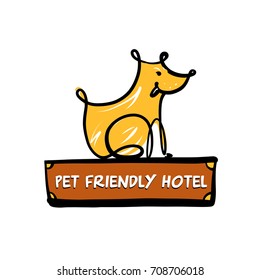 Sketch vector illustration. Pet friendly hotel. Template vector logo with image of sitting dog isolated on white background. 