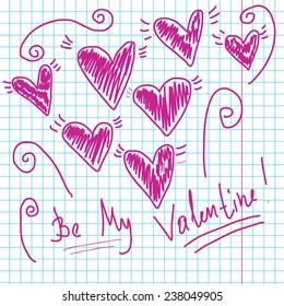 Sketch vector illustration with set of violet hearts on checked paper. Valentine's sketch in notebook.