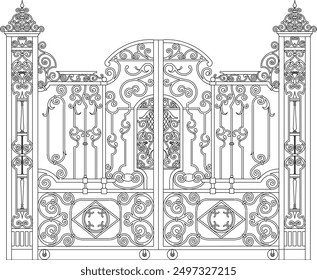 Skizze Vektorgrafik Silhouette Design Zeichnung Detail architektonische Konstruktion Tor alten Eisenzaun klassischen Vintage ethnisch traditionell 