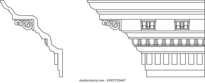 Sketch vector illustration silhouette drawing architectural engineering design cornices and moldings for facades vintage classic ethnic 