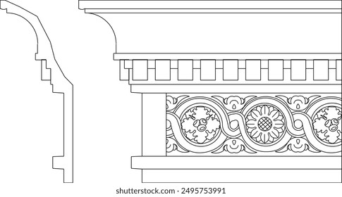 Skizze Vektorillustration Silhouette Zeichnung Architekturtechnik Design Gesimse und Zierleisten für Fassaden Vintage Classic Ethnic