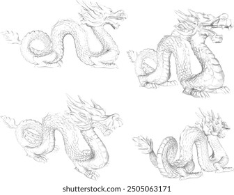 Sketch vector illustration silhouette drawing design detail of dragon mythological animal statue with scales and horns