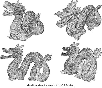 Sketch vector illustration silhouette drawing design detail of dragon mythological animal statue with scales and horns