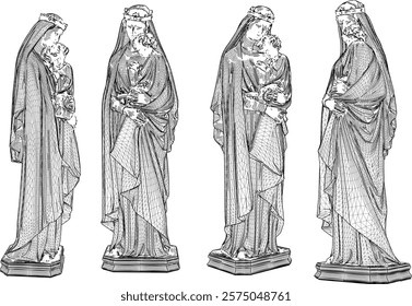Sketch vector illustration of a statue of a holy woman holding a child old classic vintage ethnic