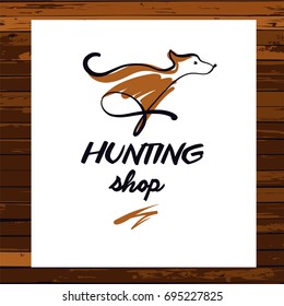 Sketch vector illustration. Template design banner, poster, card, logo for hunting shop. Hand-drawn image of dog. 