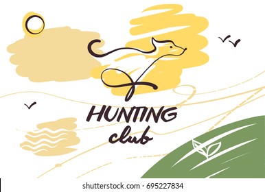 Sketch vector illustration. Template design banner, poster, card, logo for hunting club. Hand-drawn image of dog. 