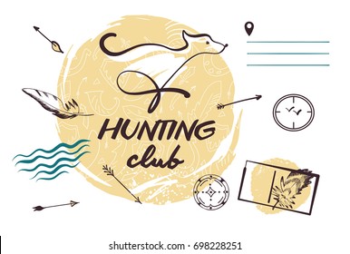Sketch vector illustration. Template design banner, poster, card, logo for hunting club. Hand-drawn image of dog. 