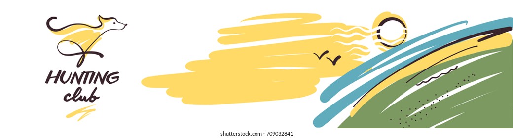 Sketch vector illustration. Template design banner, poster, card, logo for hunting club. Hand-drawn image of dog. 