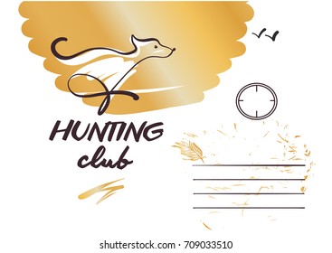 Sketch vector illustration. Template design banner, poster, card, logo for hunting club. Hand-drawn image of dog. 