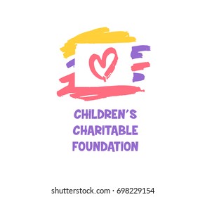Sketch Vector Illustration. Template Logo With Red Heart For Children Charitable Foundation.  