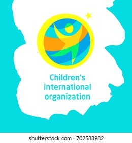 Sketch vector illustration. Template logo for children international organization. Image of silhouette kid with hands up.