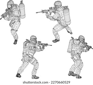 Skizze, Vektorgrafik von uns Armee mit Waffen