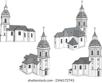 Esbozo de ilustración vectorial del antiguo diseño vintage de la iglesia sagrada con la torre alta