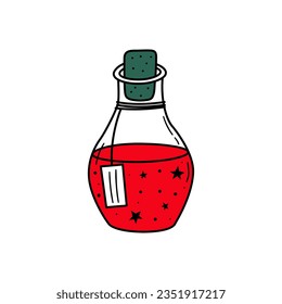 Sketch vector illustration of vintage potion flask. Witchcraft element. Magic elixir in glass bottle. Doodle drawing for card, poster, print design.  Esoteric icon.