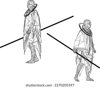 Sketch vector illustration of warrior monk with staff