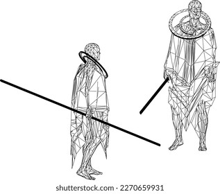 Sketch vector illustration of warrior monk with staff
