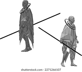 Sketch vector illustration of warrior monk with staff
