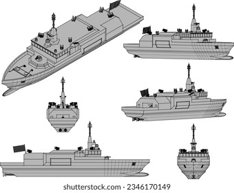 Skizze, Vektorgrafik von Kriegsschiffdesign mit Kanonenwaffe
