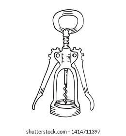 Sketch vector illustration of winged corkscrew, bottle opener, black and white isolated on white background