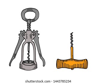 Sketch Vector Illustration Of Winged Corkscrew And Basic Bottle Opener, Hand Drawn Colored Set, Isolated On White Background.