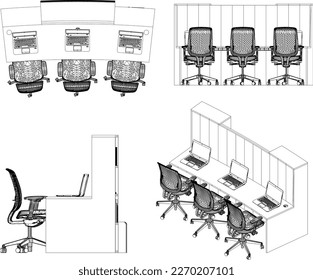 Sketch vector illustration of work desk in office with laptop