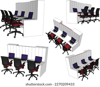 Sketch vector illustration of work desk in office with laptop