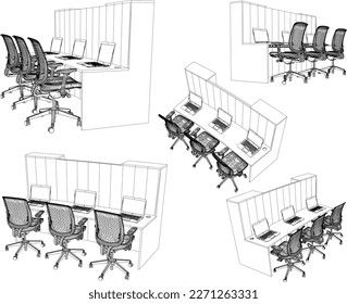 Sketch vector illustration of work desk in office with laptop