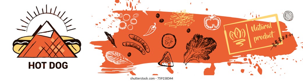 Sketch vector illustration.Delicious american food. Hotdog with mustard packing in serviette. Concept logo. Template design for menu cafe and fast food restaurant. 
