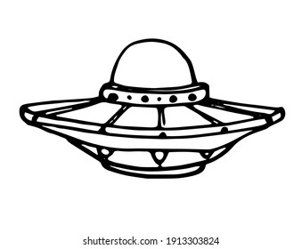 sketch vector isolated element UFO flying saucer. the alien ship is hand-drawn in Doodle style, black outline on white background for template design space series
