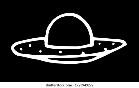 sketch vector isolated element UFO flying saucer. the alien ship is hand-drawn in Doodle style, white outline on black background for template design space series