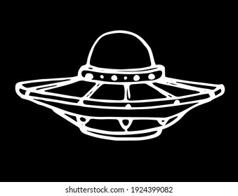sketch of a vector isolated element of a UFO flying saucer. the alien ship is hand-drawn in a doodle style, white outline on a black background for the space series design template