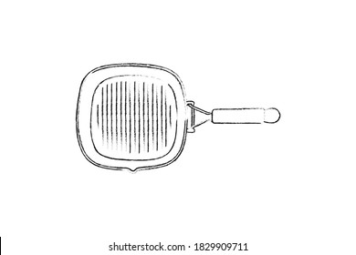Sketch vector kitchen accessories. Isolated objects on a white background. Frying pan, grill pan. Hand-drawn stock illustration.