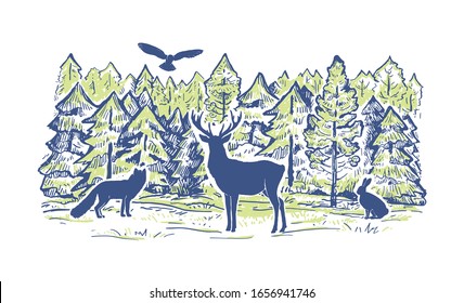 Sketch vector landscape with coniferous forest and animals. Animals silhouettes. Deer, hare, fox, owl, hedgehog. Design for print, cover, poster, web design, banner