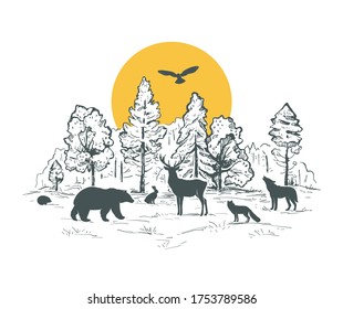 Esbozar el paisaje vectorial con bosque, sol y animales. Siluetas de animales. Venado, liebre, zorro, búho, erizo, lobo, oso. Diseño para la impresión de camisetas, portada, afiche, diseño web, banner