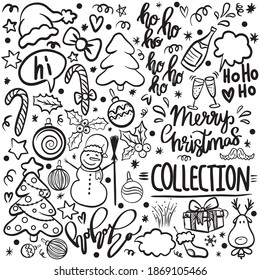 Sketch vector large set of Christmas design element in the style of doodle, a set of objects and symbols on the theme of Merry Christmas and new year 2021.