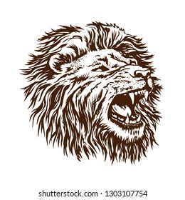 Sketch vector lion head. The grin of the open mouth of the beast is isolated on a white background.