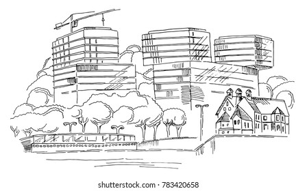Sketch of vector modern urban lisbon view with skyscrapers