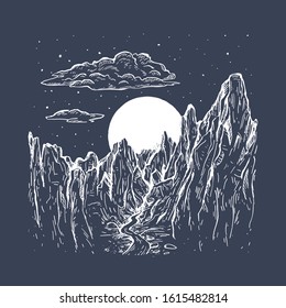 Sketch vector of a mountains with river and moon. Engraving style. Romantic hand drawn vector illustration on a black background. Design for t-shirt print, postcard, poster, engraving