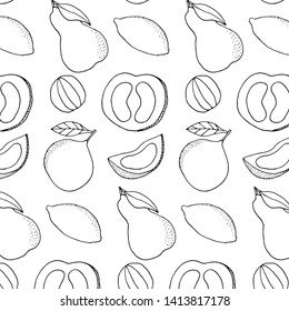 Sketch vector pattern of exotic cartoon fruits. Tropical fun hand drawn fruits background.