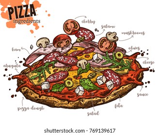 Sketch vector pizza with levitation ingredients. Hand drawn illustration of flying food and products