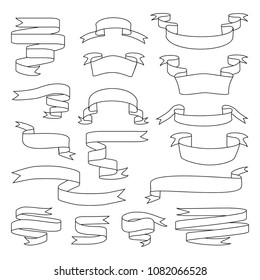 Sketch vector ribbon set. Banner isolated shapes illustration of label, badge collection. Pattern celebration stickers and decorations.