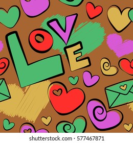 Sketch. Vector seamless love text, heart and letter pattern in yellow, violet and red colors, spring summer time, gentle romantic Valentine day background allover print design.