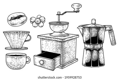 Sketch vector set of coffee maker tools. Coffee bean, berries, Dripper Pour-over, A cup, Manual Coffee Grinder and Espresso or Moka pot Hand drawn illustration