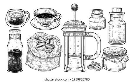 Sketch vector set of coffee maker tools. Cups, Instant Coffee Bottle, Coffee beans in a bag, french press and Bottles Hand drawn illustration