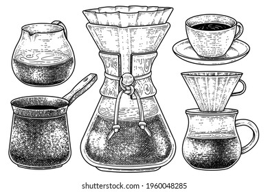 Sketch vector set of coffee maker tools. A glass, turkish coffee pot, Filter drip coffee maker, cup of coffee, and Dripper Pour-over Hand drawn illustration