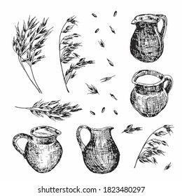 Sketch Vector set of different hand drawnmilk jugs and oatmeal. Milk jugs and oatmeal on white background.Vector vintage sketch style illustration.