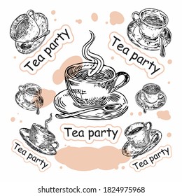 Sketch Vector set of different hand drawn cups,teaspoon and saucer with the text. Teacup isolated  on white background. Vector vintage sketch style illustration.