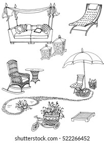 Sketch of a vector set of furniture and decor for the garden, for rest in home and yard, for indoor interior and outdoor decoration, black lines and white background