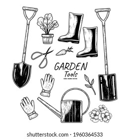 Sketch vector set of gardening tools. Spade, shovel, Plant pot, Gloves, Boots, Scissor, and Watering can Hand drawn illustration