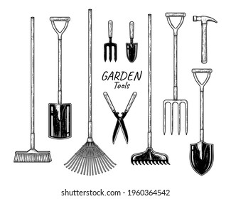 Sketch vector set of gardening tools. Broom, Spade, Fan rake, Fork, Trowel, Hedge shears, Bow Rake, Pitch fork, Hammer and Shovel Hand drawn illustration